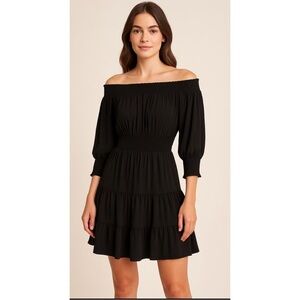 Gianni Bini Smocked Off The Shoulder Quarter Sleeve Ruffle Dress Black XS‎